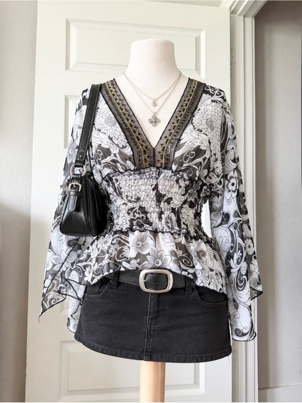 Y2K Rampage Floral Sheer Bell Sleeve Smocked Whimsigoth Fairycore Blouse